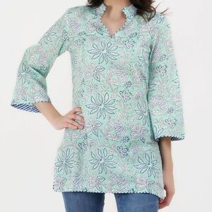 Singhvis Women’s Flora Tunic Cotton Green & Blue V Neck 3/4 Sleeve Blouse L